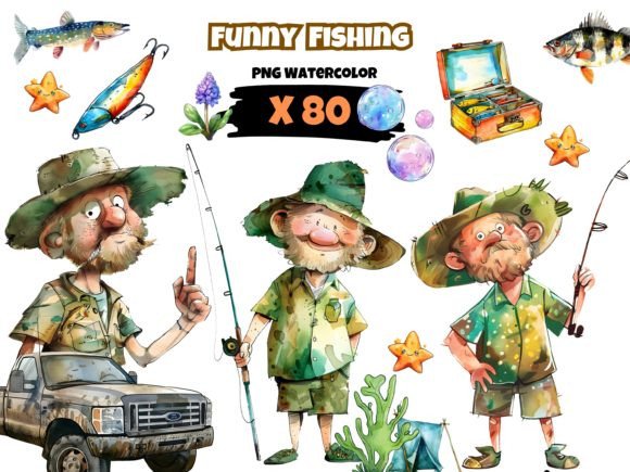 Download Watercolor Fishing Clipart, Funny Theme - Fun Collection